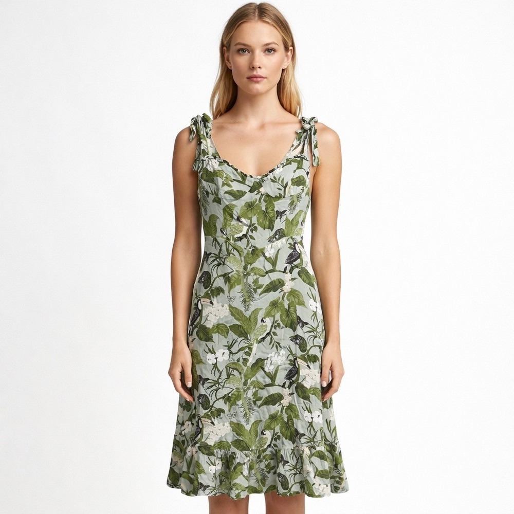 Reformation Nikita Dress Tropical Green Floral Midi Size 2 Ruffle Tie